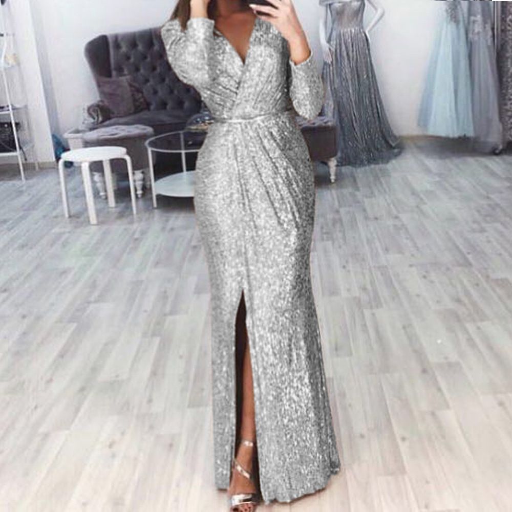Long Skirt Evening Dress Deep V-Neck Sparkling Dress Skirt Dinner Sexy Dress