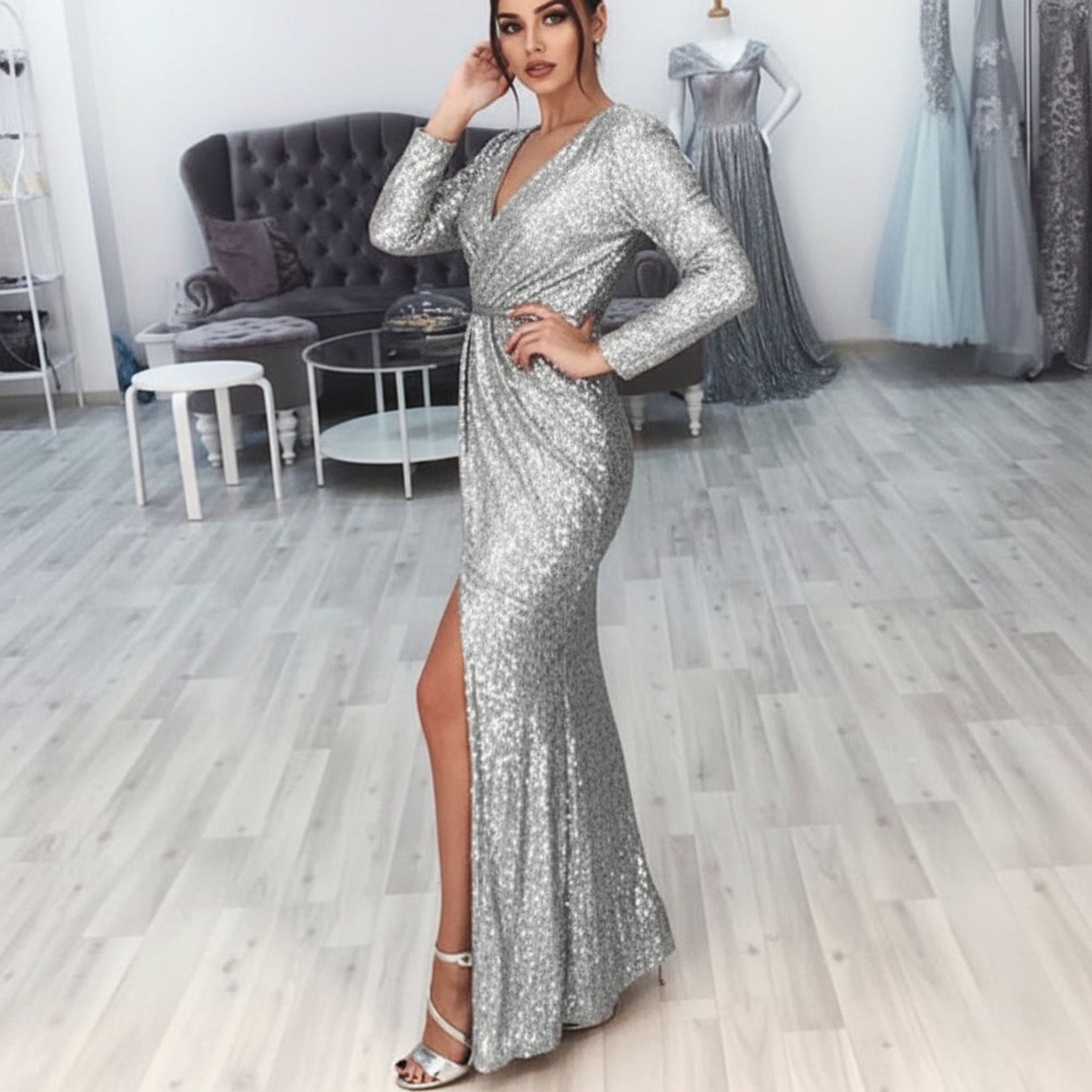Long Skirt Evening Dress Deep V-Neck Sparkling Dress Skirt Dinner Sexy Dress