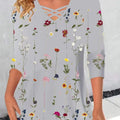 New Loose Neckline Cross V-Neck Flower Print Long Sleeve T-Shirt
