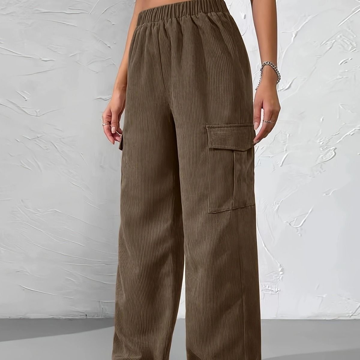 Loose Elastic Waist Cargo Pants Corduroy Wide-Leg Straight Casual Pants