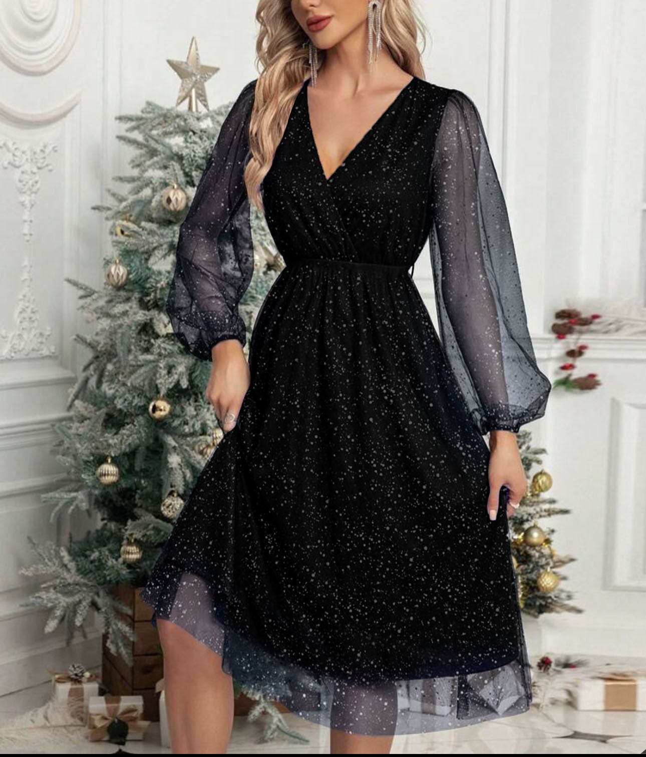 V-Neck Elegant Slim Solid Color Spliced Mesh See-Through Powder Dress