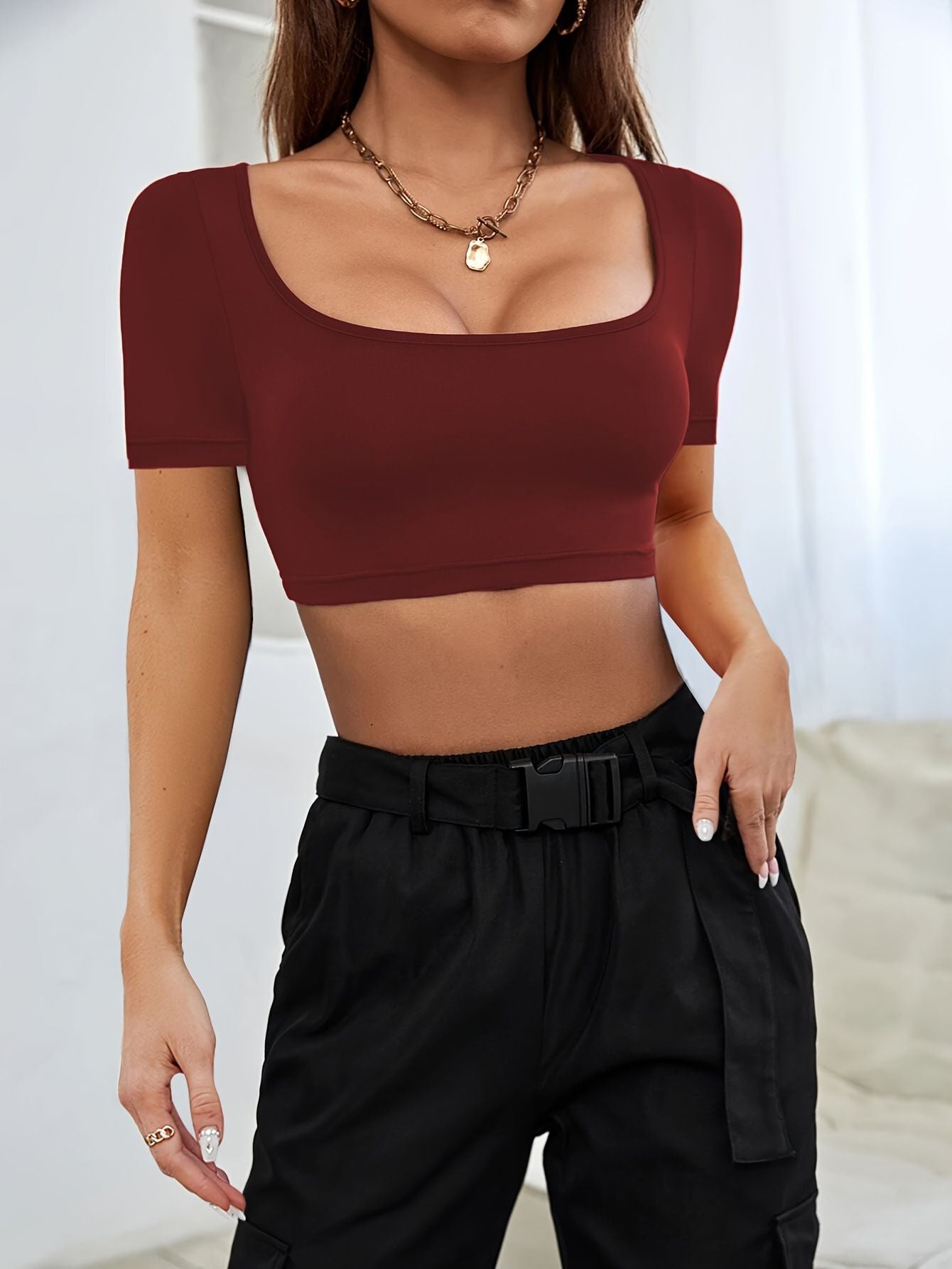 Truncated Knitted High Stretch Short Sleeve T-Shirt Top