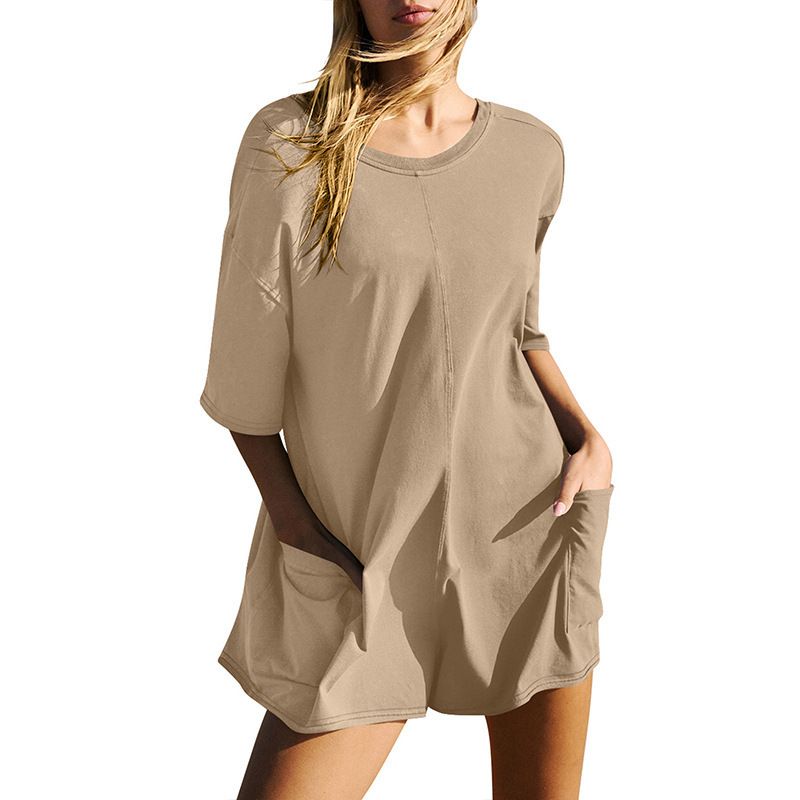 Short Sleeve Open Back V-Neck Loose Casual Pocket Jumpsuit