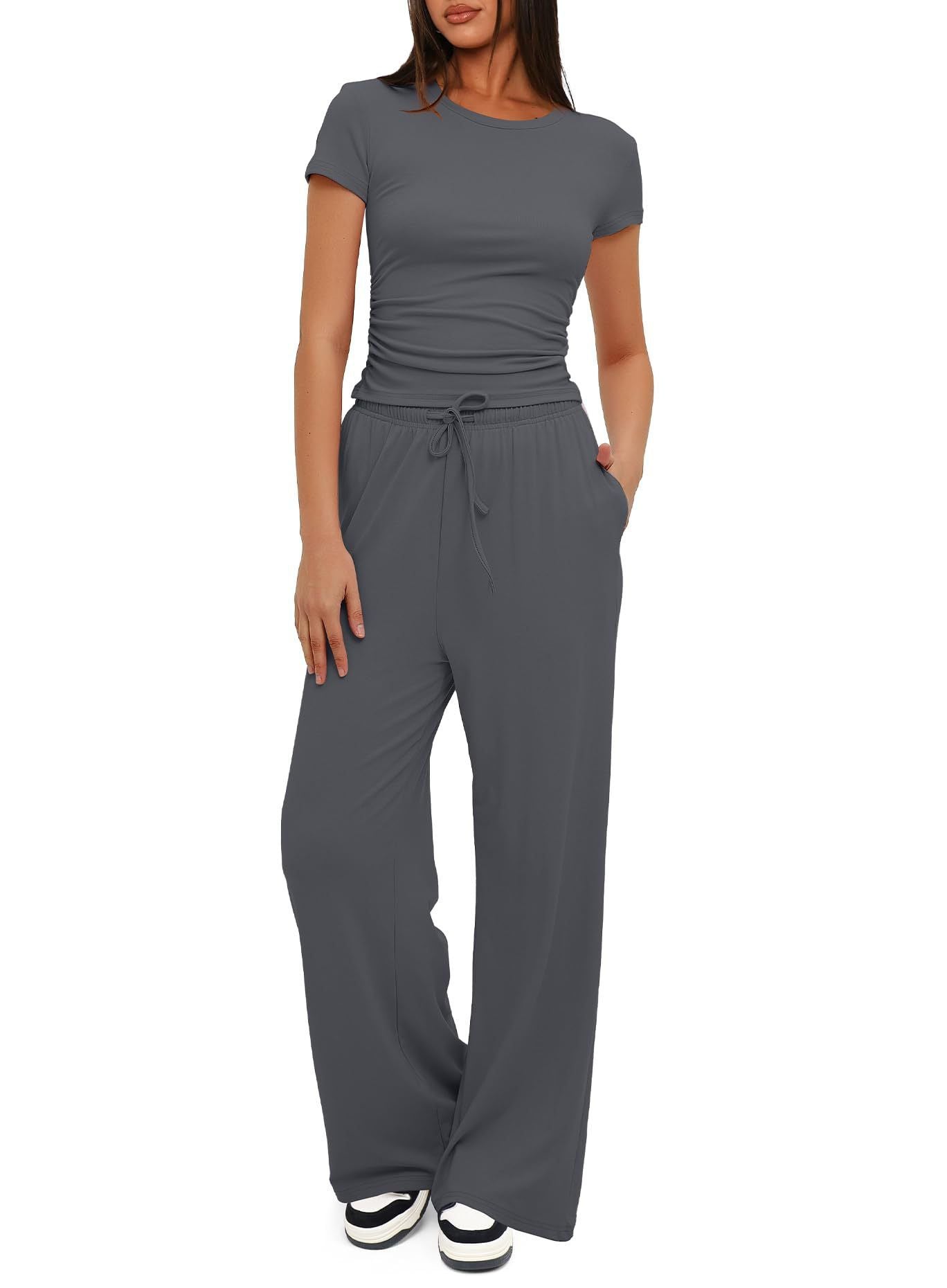 Casual Suit Ruffled Short Sleeve Top High Waist Wide-Leg Pants Sportswear