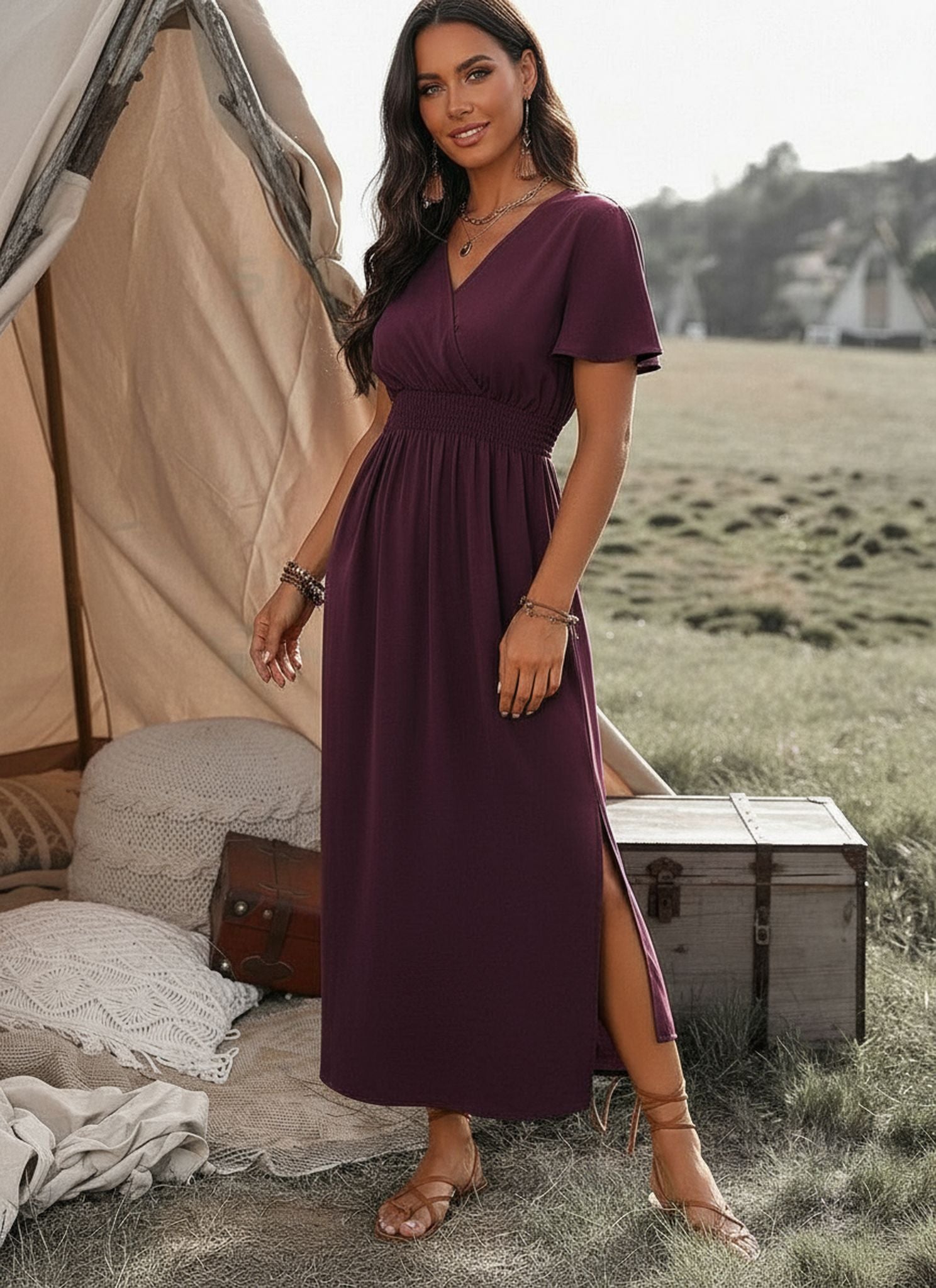 New Solid Color V-Neck Flared Sleeves Elasticated Waist Slimming Slit Long Skirt