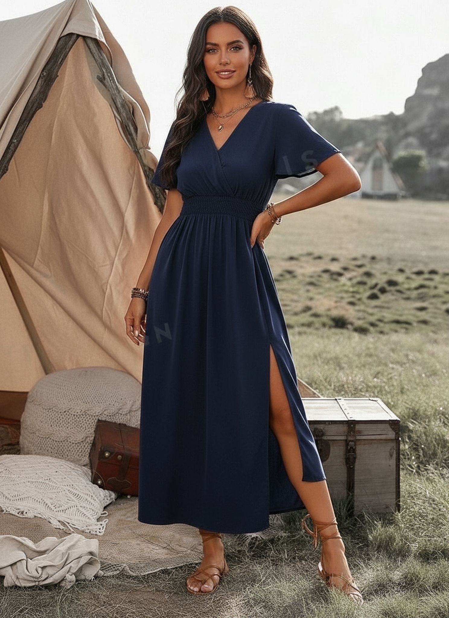 New Solid Color V-Neck Flared Sleeves Elasticated Waist Slimming Slit Long Skirt