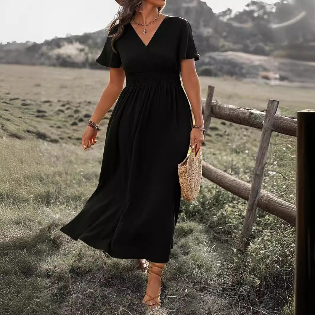New Solid Color V-Neck Flared Sleeves Elasticated Waist Slimming Slit Long Skirt