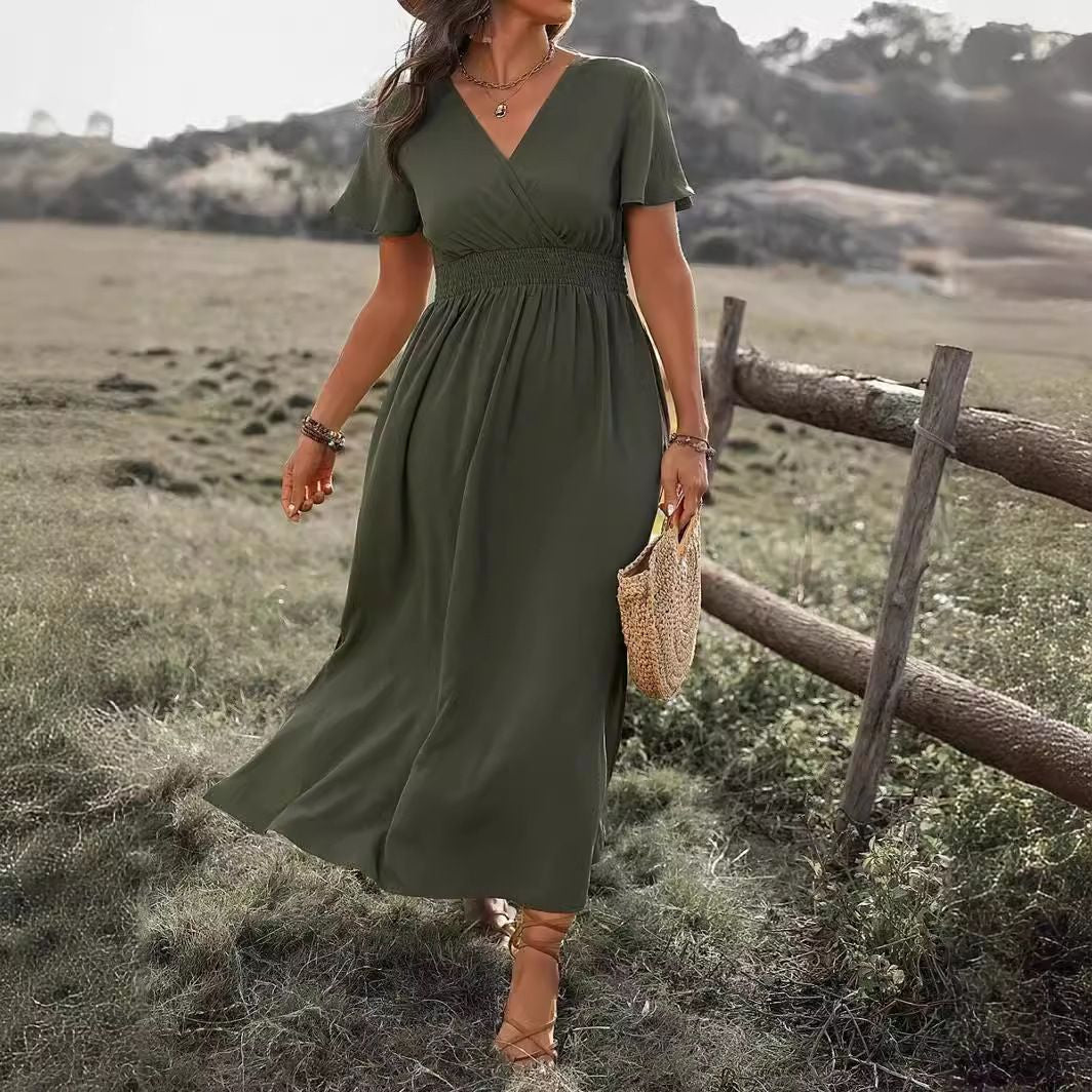 New Solid Color V-Neck Flared Sleeves Elasticated Waist Slimming Slit Long Skirt