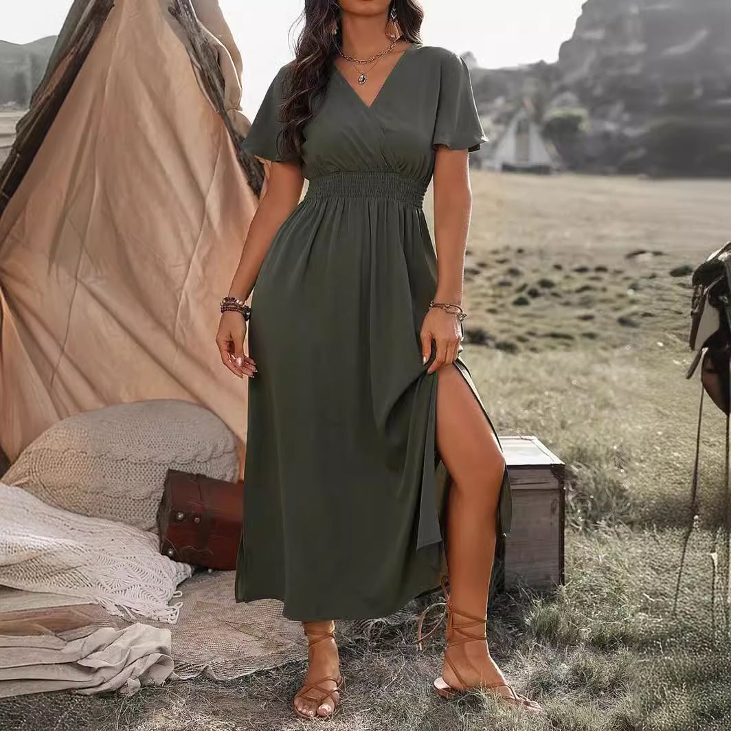 New Solid Color V-Neck Flared Sleeves Elasticated Waist Slimming Slit Long Skirt