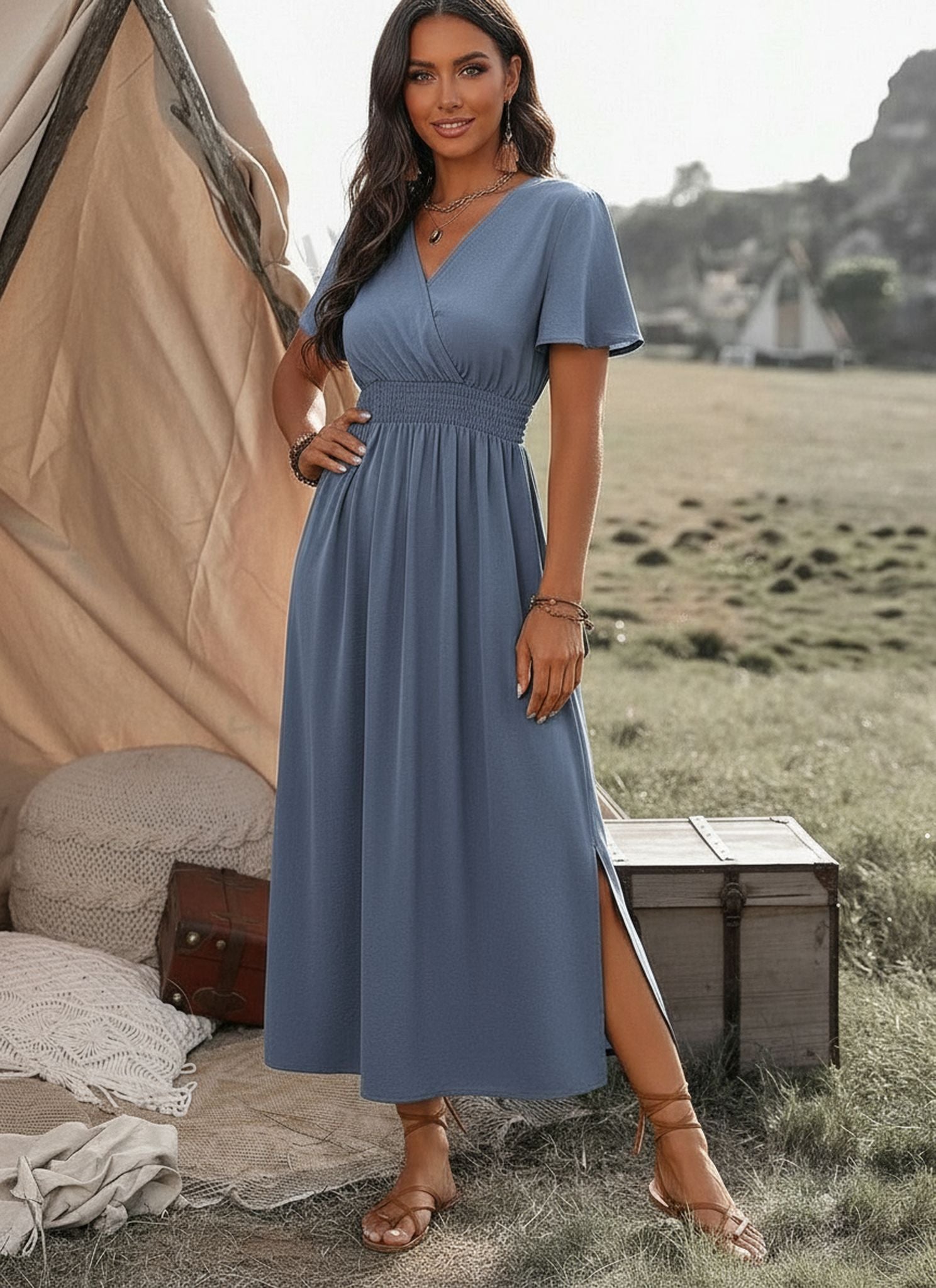 New Solid Color V-Neck Flared Sleeves Elasticated Waist Slimming Slit Long Skirt
