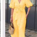 V-Neck With Puff Sleeve Cotton Dress
