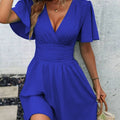 Summer'S New Deep V-Neck Ruffled Sleeve Solid Color Tuck Dress
