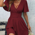 Summer'S New Deep V-Neck Ruffled Sleeve Solid Color Tuck Dress