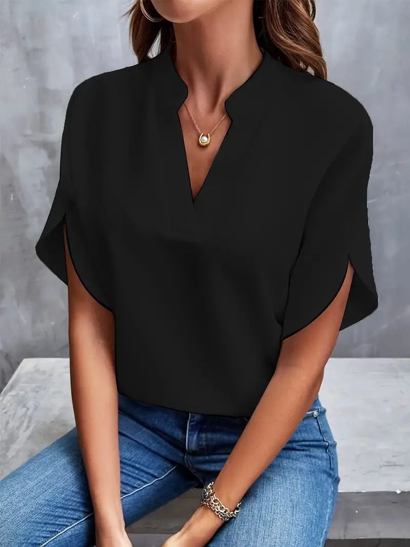 Summer Casual Solid Color V-Neck Loose Shirt Top Women'S