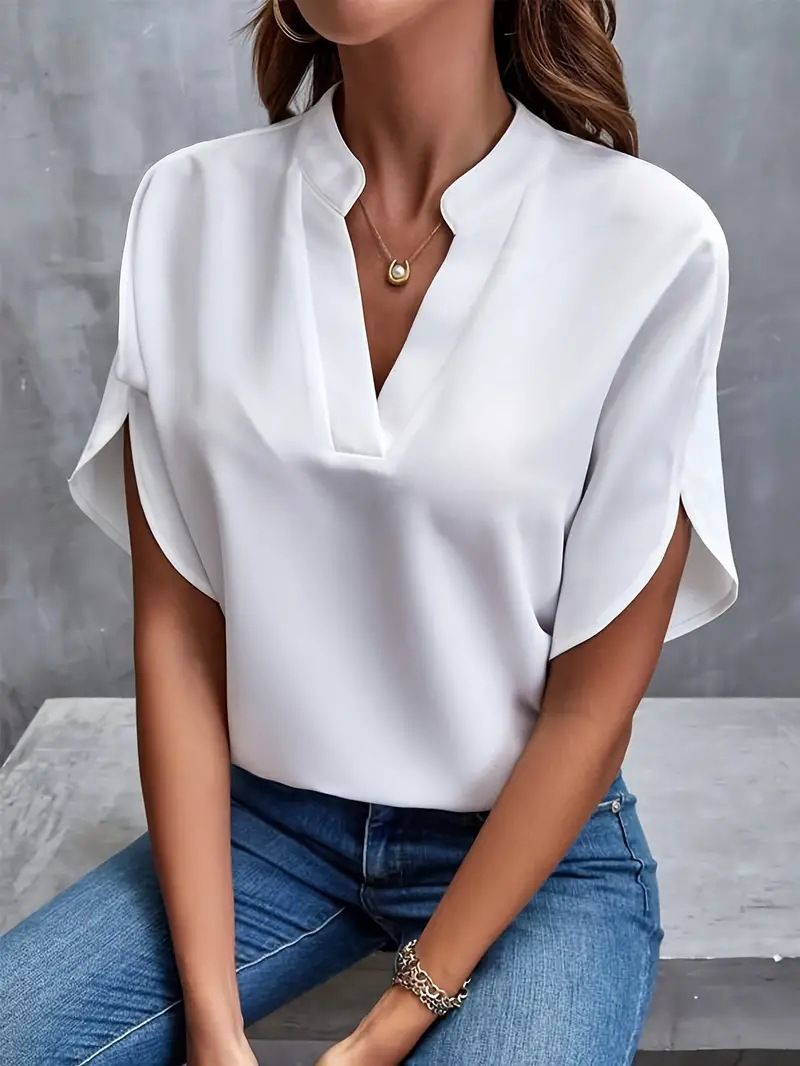 Summer Casual Solid Color V-Neck Loose Shirt Top Women'S
