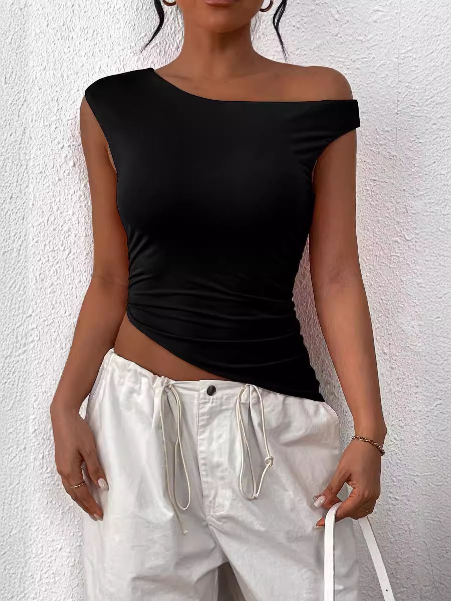 Style Street Hipster Polyester Pullover Cross Collar Slim Fit Women'S T-Shirt Black