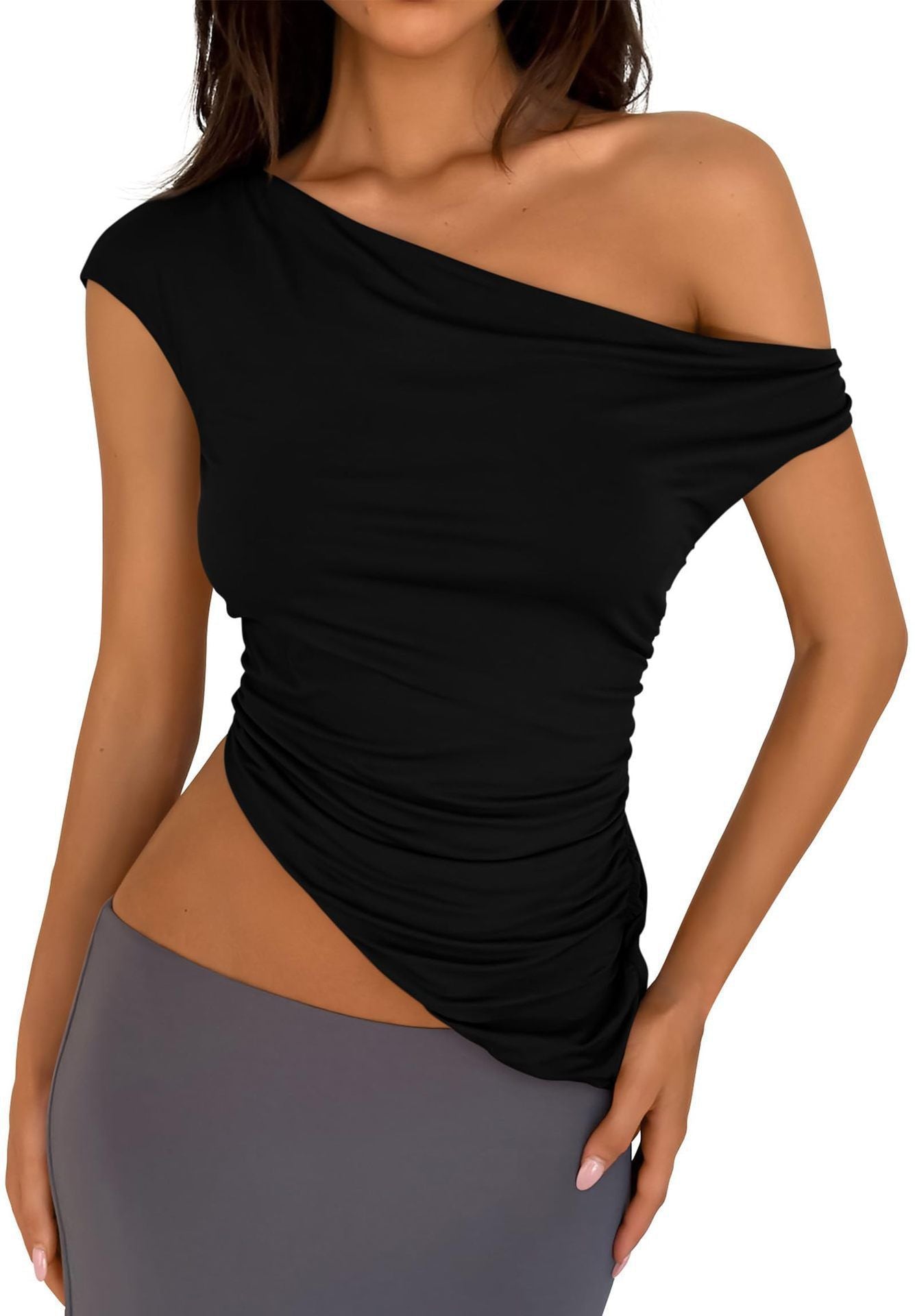 Style Street Hipster Polyester Pullover Cross Collar Slim Fit Women'S T-Shirt Black