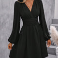 Autumn And Winter New Diagonal Collar, Lantern Sleeves, Pleated Waist Dress,