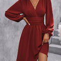 Autumn And Winter New Diagonal Collar, Lantern Sleeves, Pleated Waist Dress,