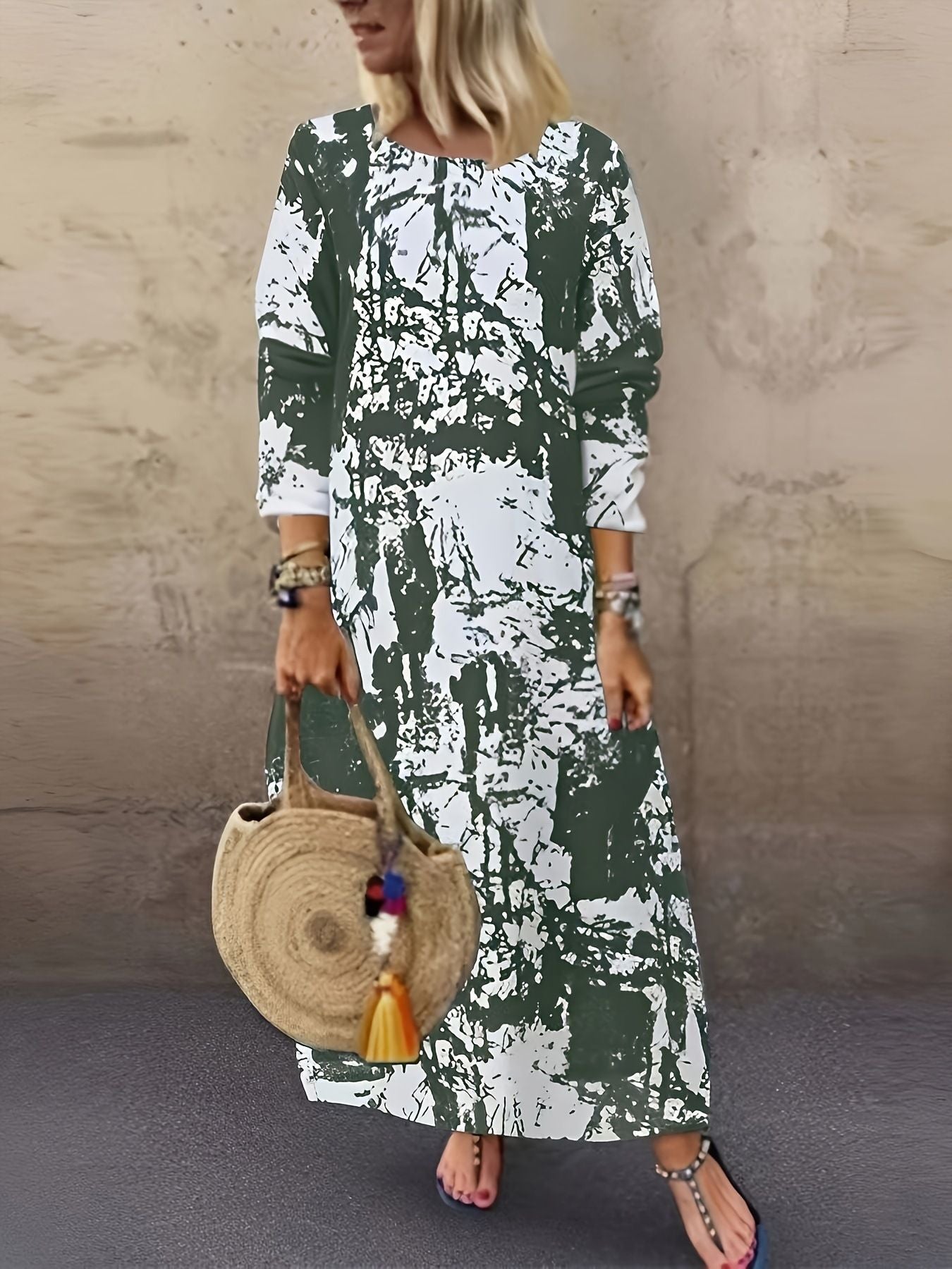 New Long Crew Neck Print Long Sleeve Women'S Dress