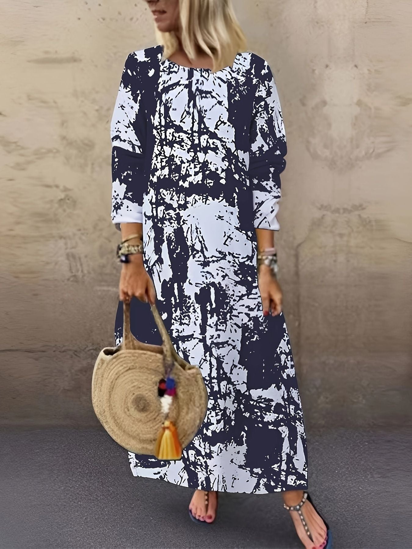 New Long Crew Neck Print Long Sleeve Women'S Dress