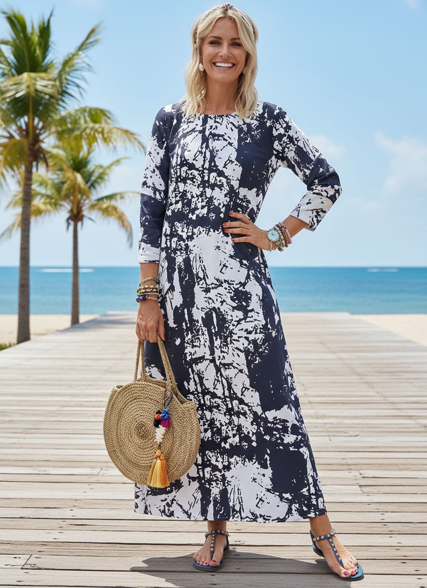 New Long Crew Neck Print Long Sleeve Women'S Dress