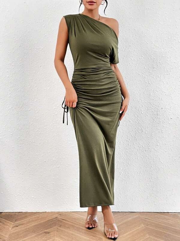 New Slanted Shoulder One-Shoulder Slim Pleated Long Skirt Dress