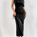 New Slanted Shoulder One-Shoulder Slim Pleated Long Skirt Dress