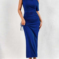 New Slanted Shoulder One-Shoulder Slim Pleated Long Skirt Dress