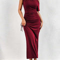 New Slanted Shoulder One-Shoulder Slim Pleated Long Skirt Dress