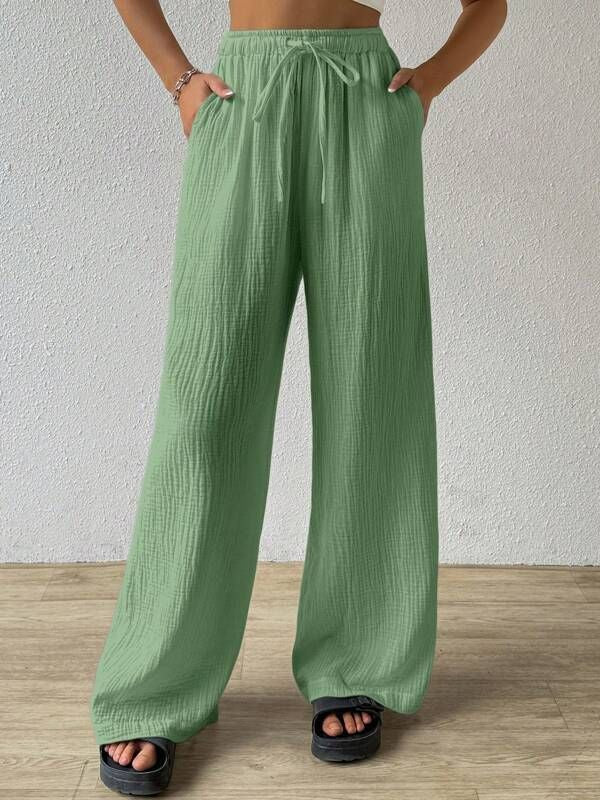 Versatile Elasticated Casual Solid Color Trousers Wide-Leg Pants