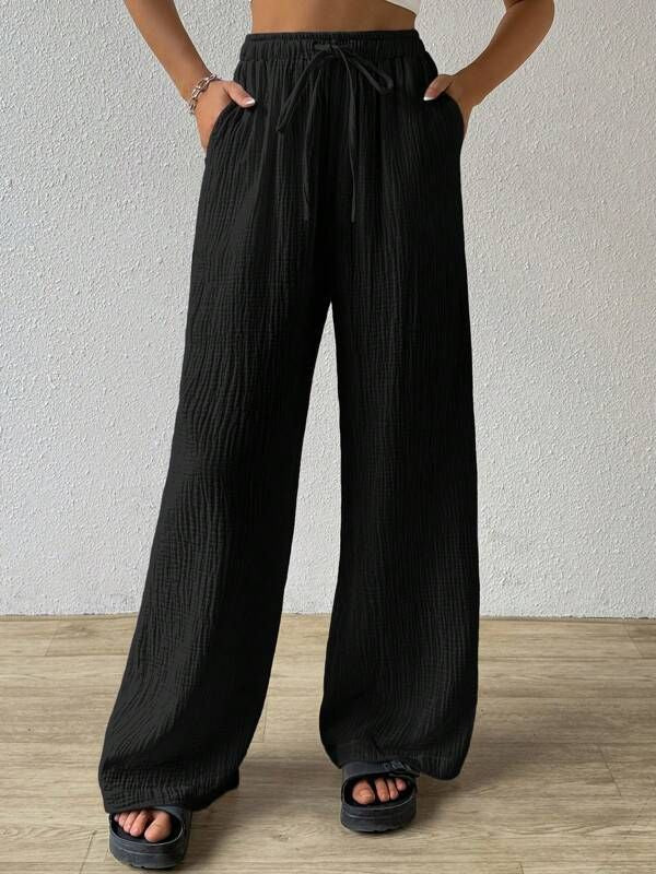 Versatile Elasticated Casual Solid Color Trousers Wide-Leg Pants
