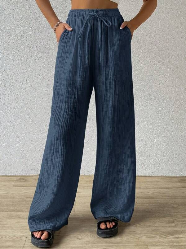 Versatile Elasticated Casual Solid Color Trousers Wide-Leg Pants