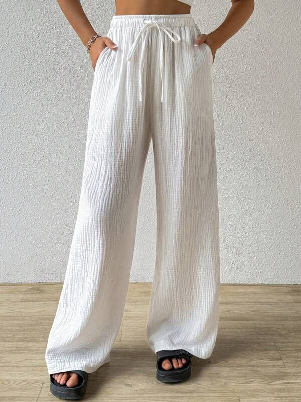 Versatile Elasticated Casual Solid Color Trousers Wide-Leg Pants