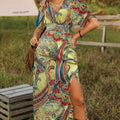 Autumn New Fashion V-Neck Loose Boho Print Slit Dress
