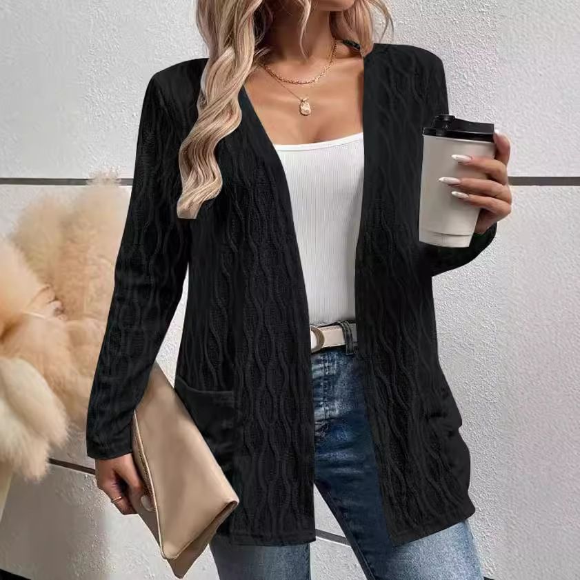 Winter New Hollow Solid Color Home Casual Temperament Commuter Knitted Long Sleeve Cardigan Jacket Women'S