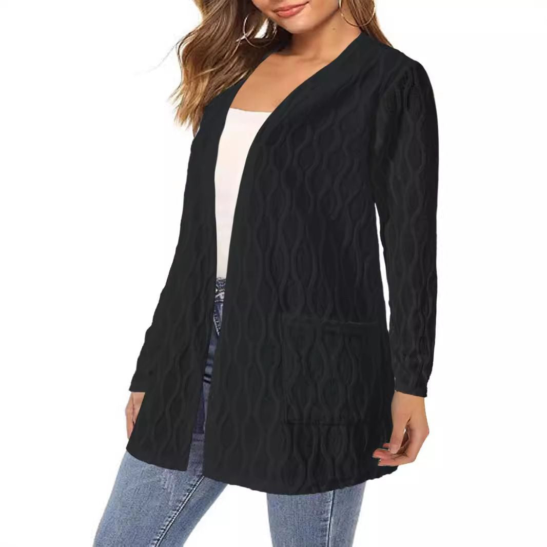 Winter New Hollow Solid Color Home Casual Temperament Commuter Knitted Long Sleeve Cardigan Jacket Women'S