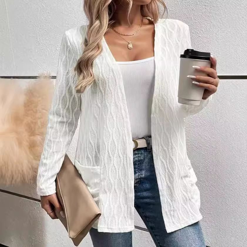 Winter New Hollow Solid Color Home Casual Temperament Commuter Knitted Long Sleeve Cardigan Jacket Women'S