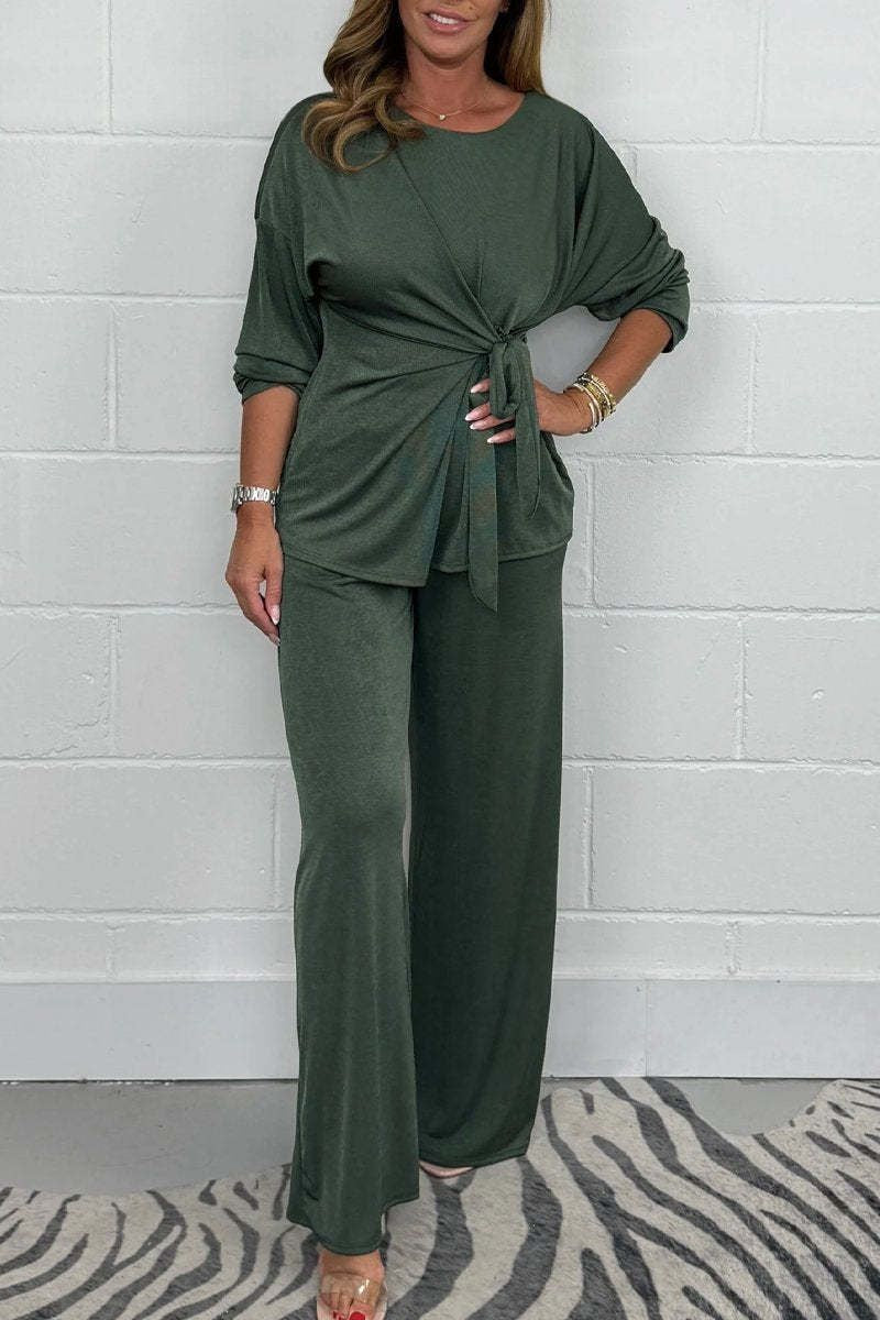 Casual Fashion Lace-Up Long Sleeve Top And Pant Suit