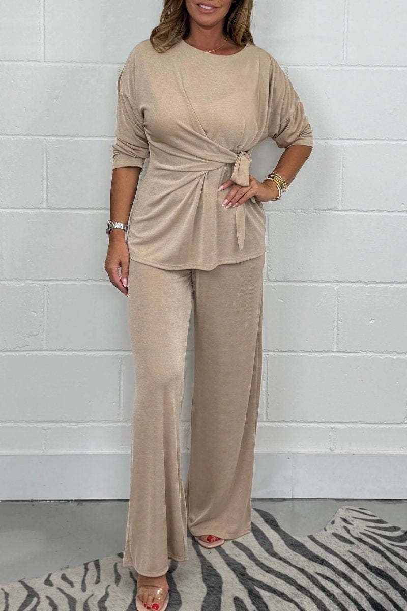 Casual Fashion Lace-Up Long Sleeve Top And Pant Suit