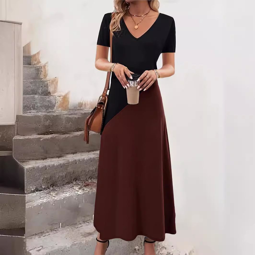 New Contrast Spliced V-Neck Dress