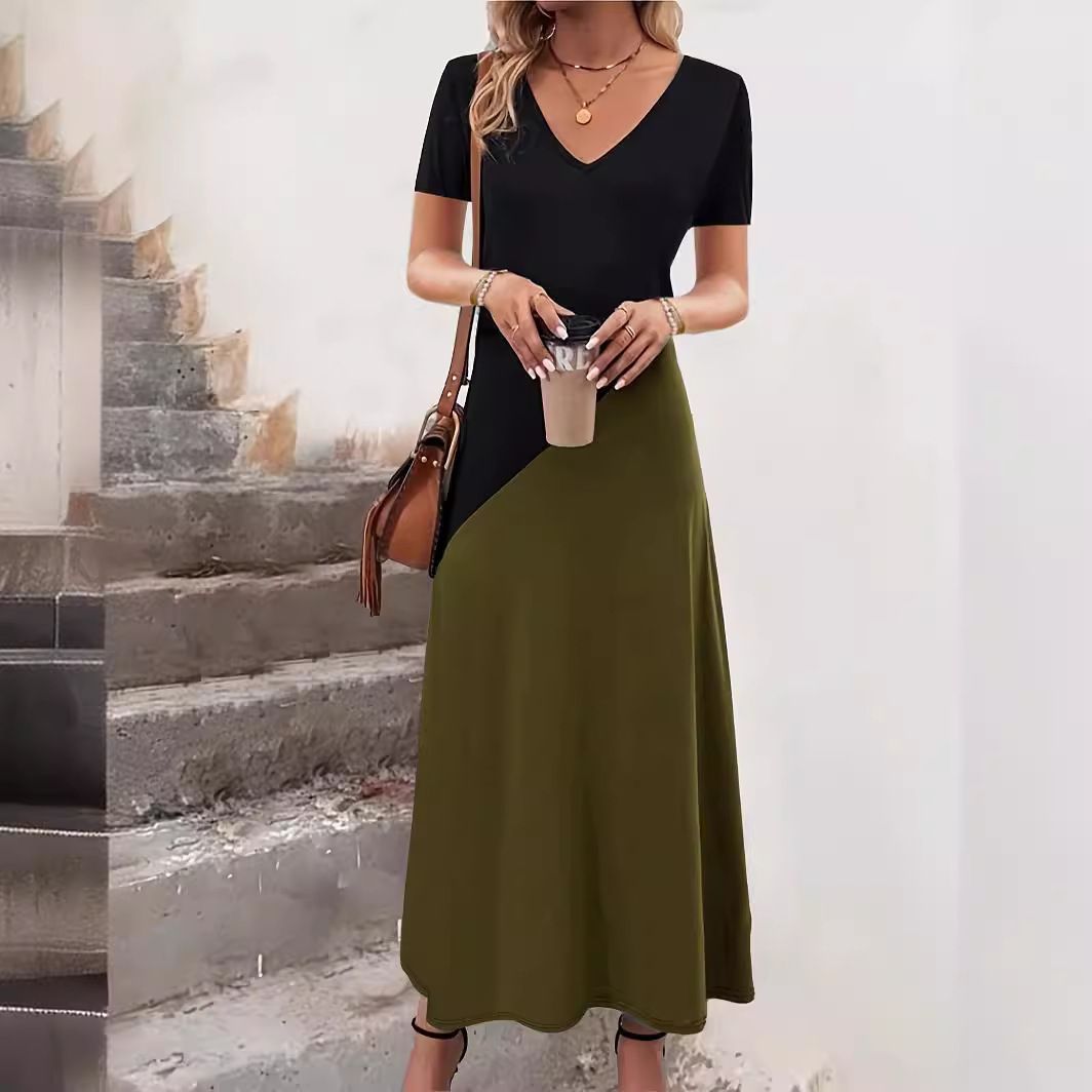 New Contrast Spliced V-Neck Dress