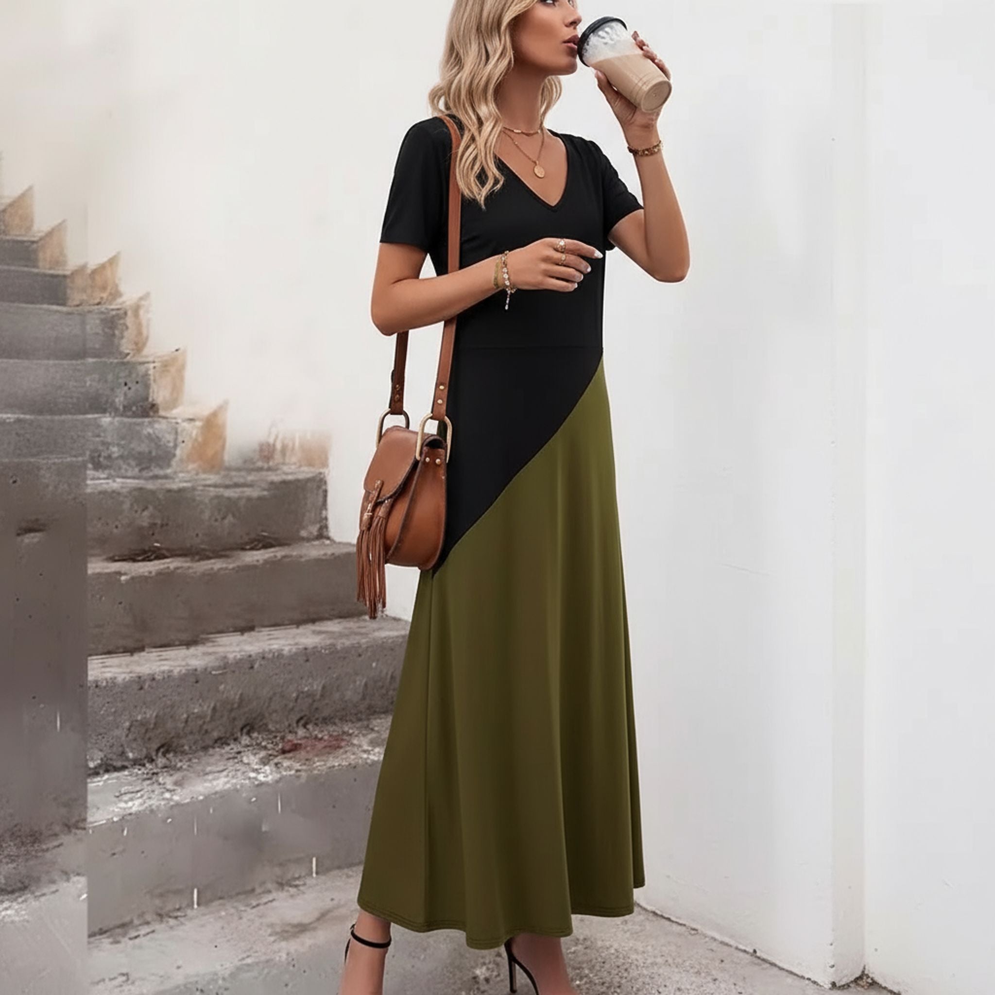 New Contrast Spliced V-Neck Dress