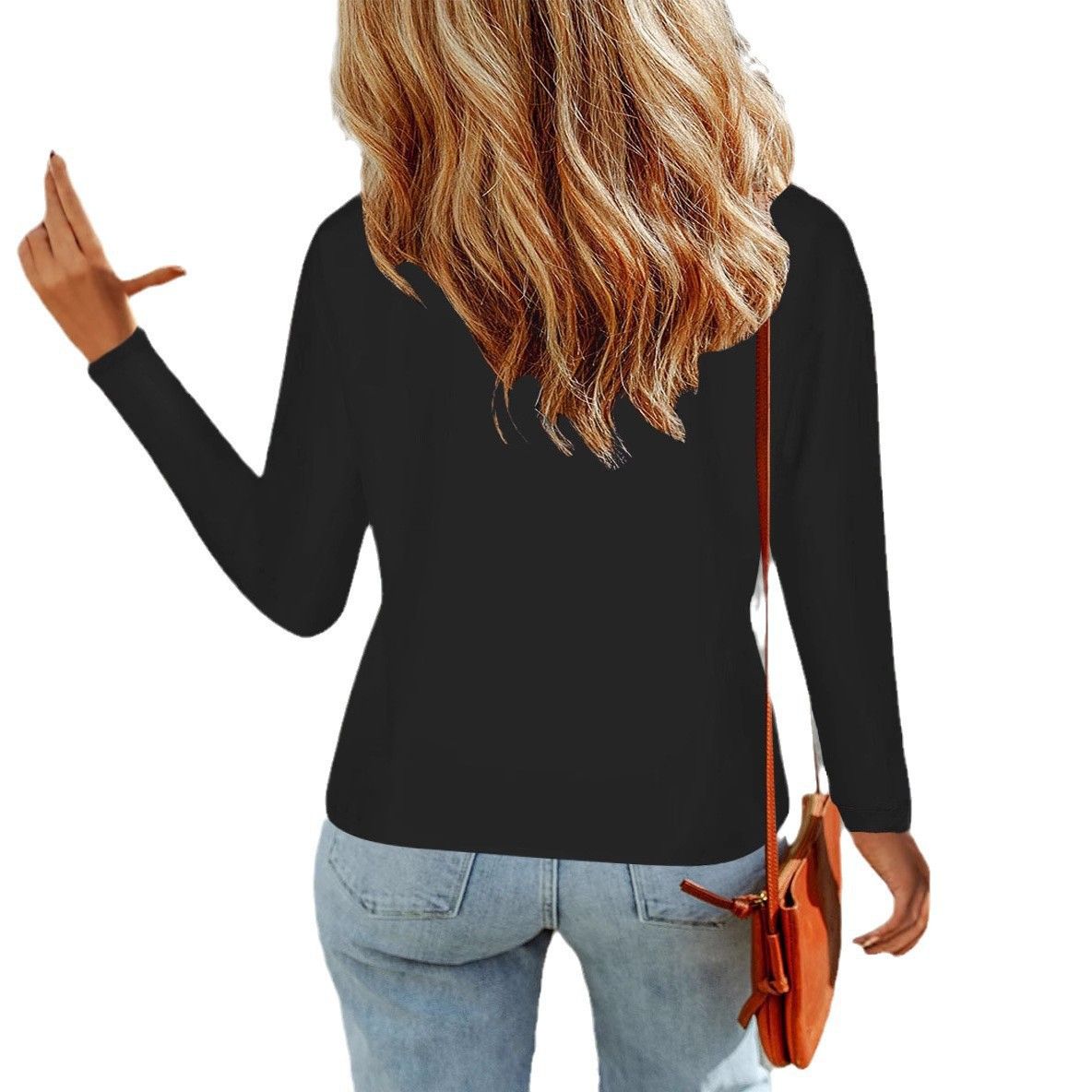 New V-Neck Solid Color Casual Temperament Pocket Long Sleeve Top T-Shirt Women'S