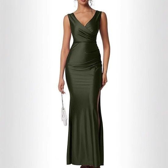 Slim Solid Color Temperament Fashionable And Sexy Foreign Trade Slit Slatted Dress