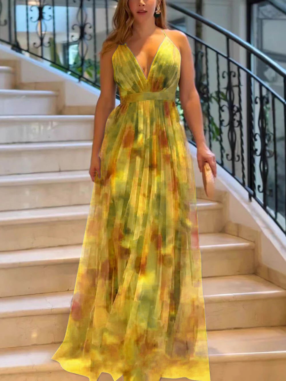 New Mesh Print Slip Dress Ins Vacation Casual Big Swing Dress For Women.
