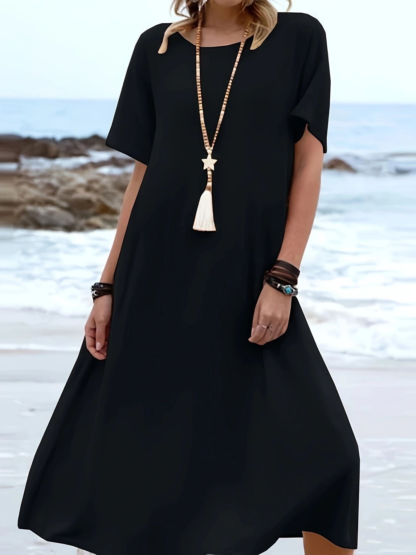 Summer Resort Style Solid Color Crew Neck Short-Sleeved Dress