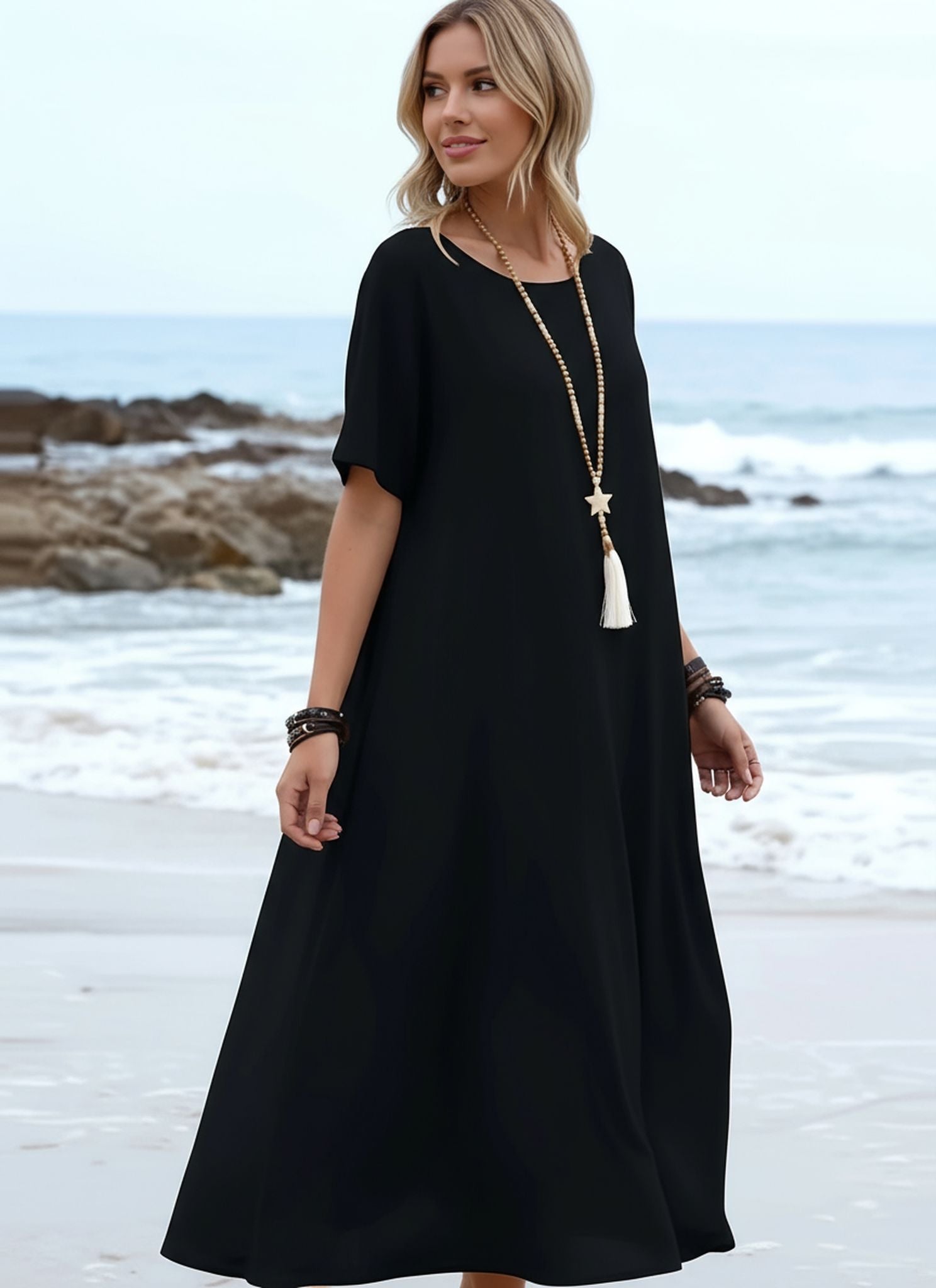 Summer Resort Style Solid Color Crew Neck Short-Sleeved Dress