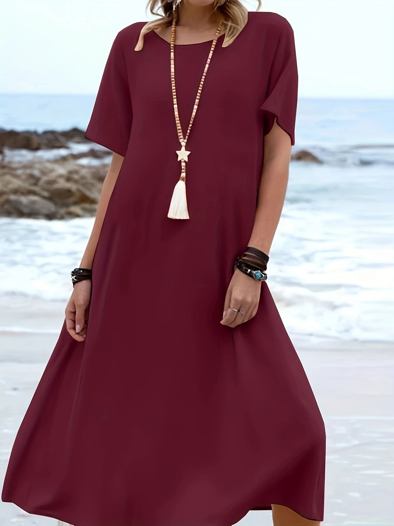 Summer Resort Style Solid Color Crew Neck Short-Sleeved Dress
