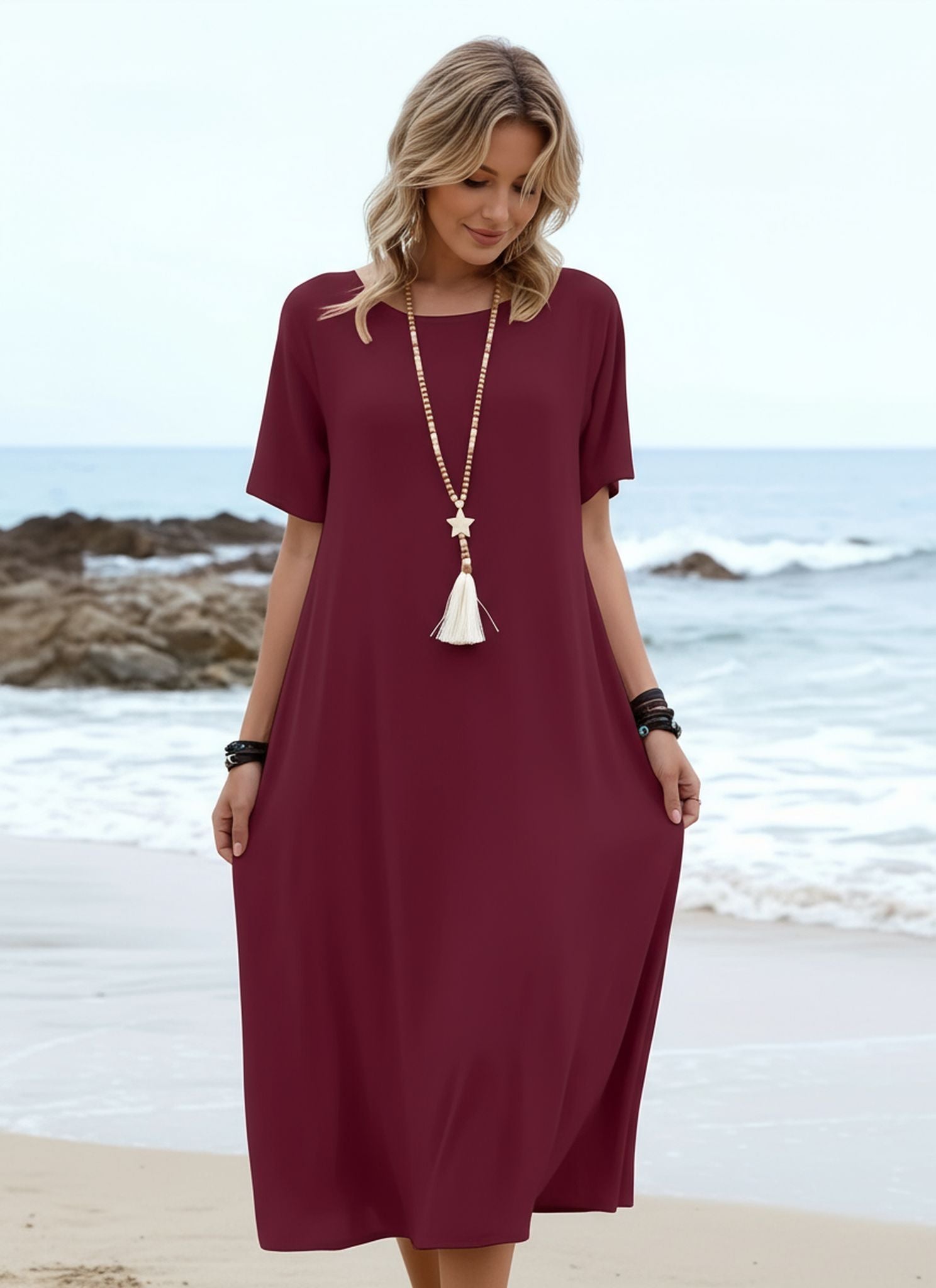 Summer Resort Style Solid Color Crew Neck Short-Sleeved Dress
